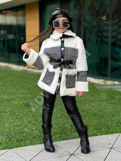Kız kışlık takımı, deri pantolon ve kürk ceket