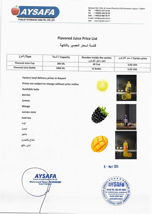 AYSAFA aromalı meyve suyu