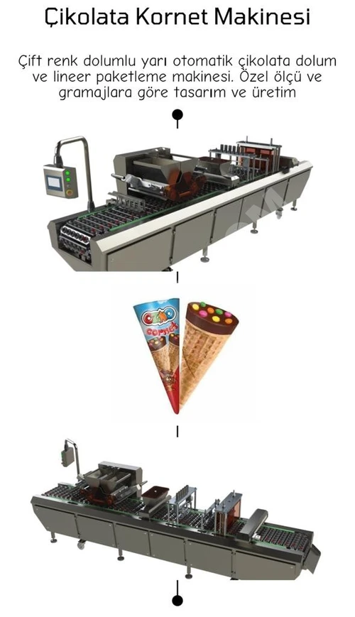 ÇİFT RENKLİ 6 NOZULLU KORNET DOLUM VE PAKETLEME MAKİNESİ