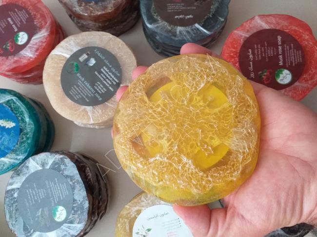 Natural loofah bathing soap with distinctive fragrant scents