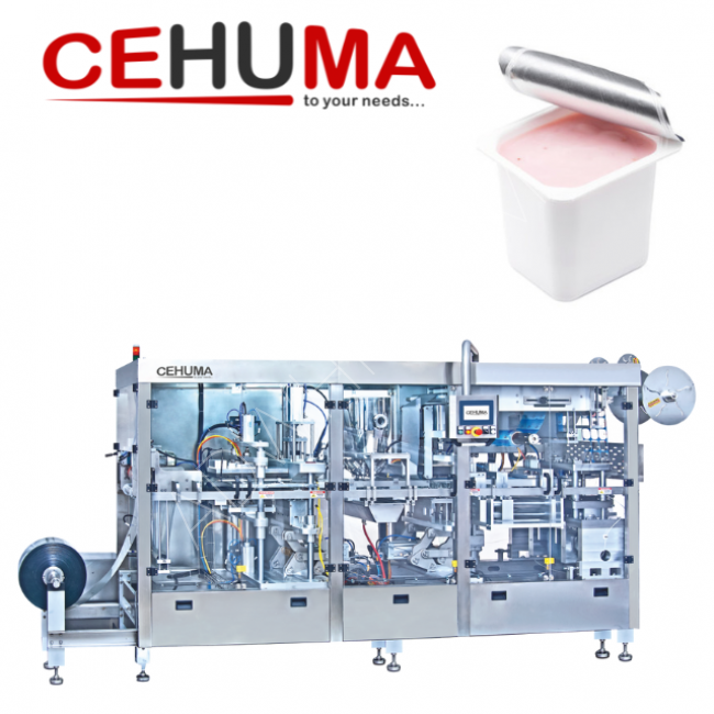 A machine for forming, filling, and heat-sealing (fruit yogurt)