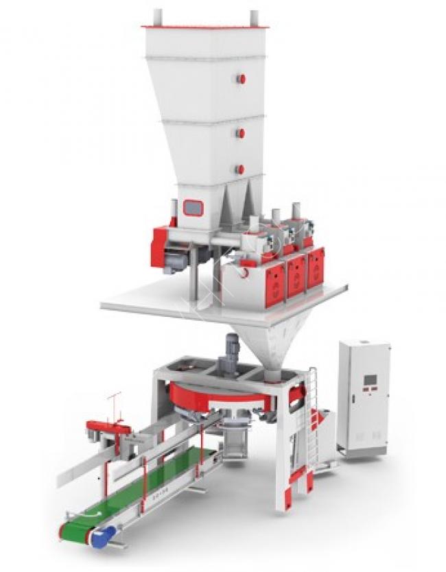 Flour filling machine with three scales and six stations
