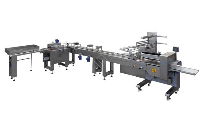 Horizontal packaging machine for burgers and sandwiches
