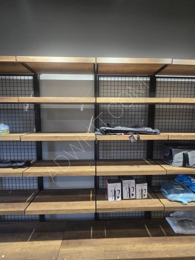 For sale: store shelves made of wood and metal