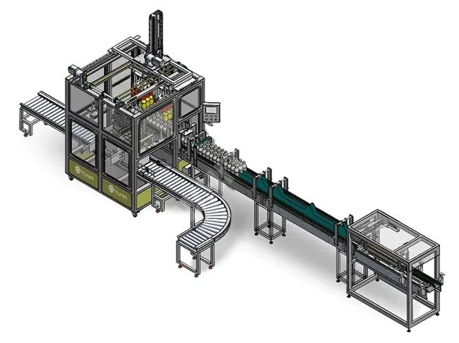 Dual-head robotic box filling line with a speed of 12-16 boxes per minute