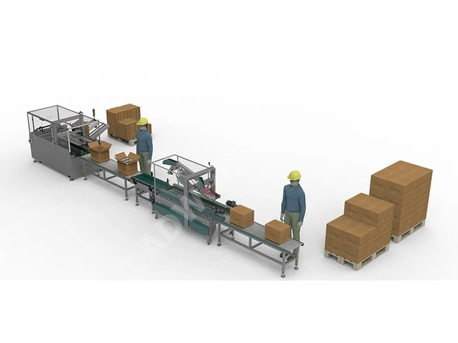 A box packing line with an employee at a speed of 12-15 boxes per minute