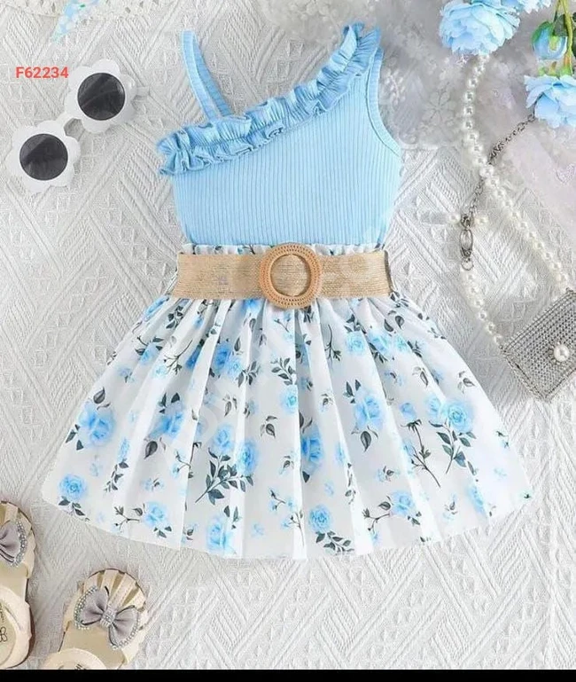 Girls' floral skirt set with belt