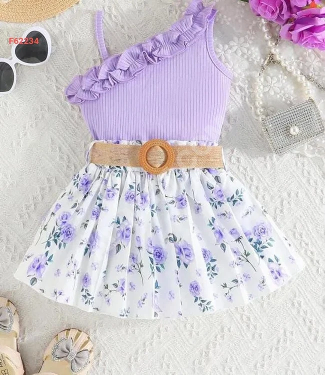 Girls' floral skirt set with belt